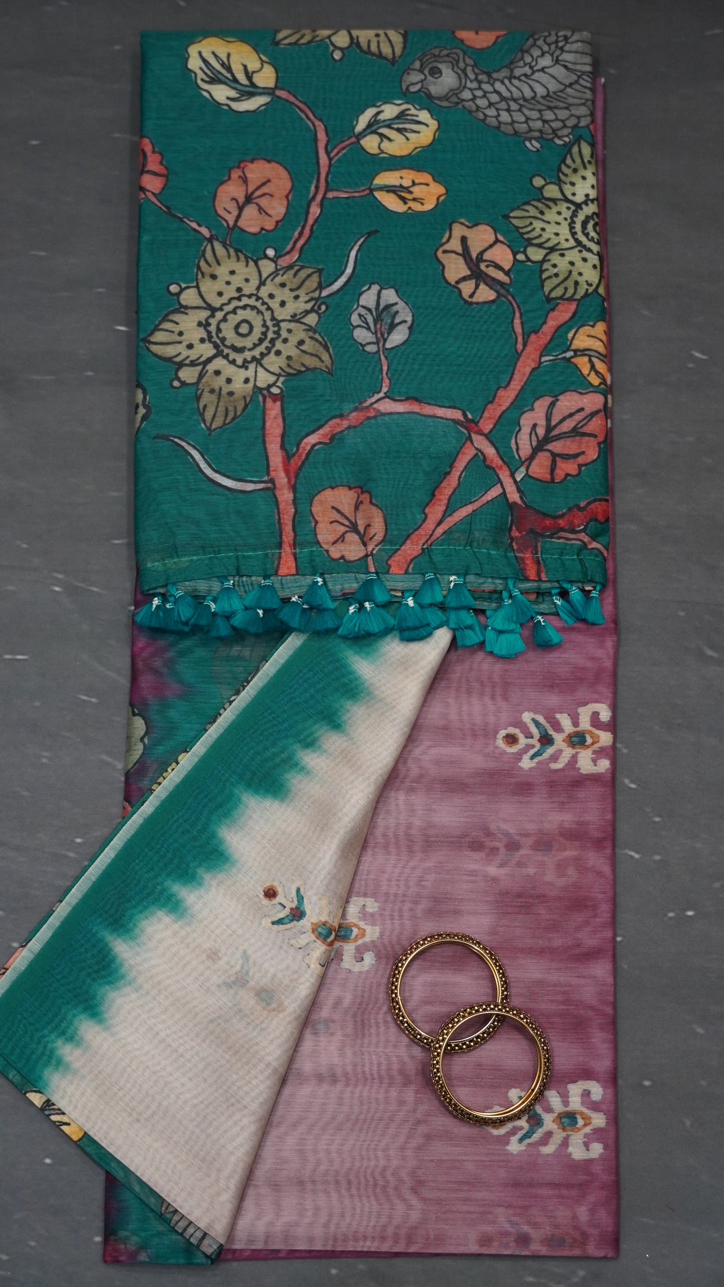 Chanderi Cotton Saree-Eagle Print-Green