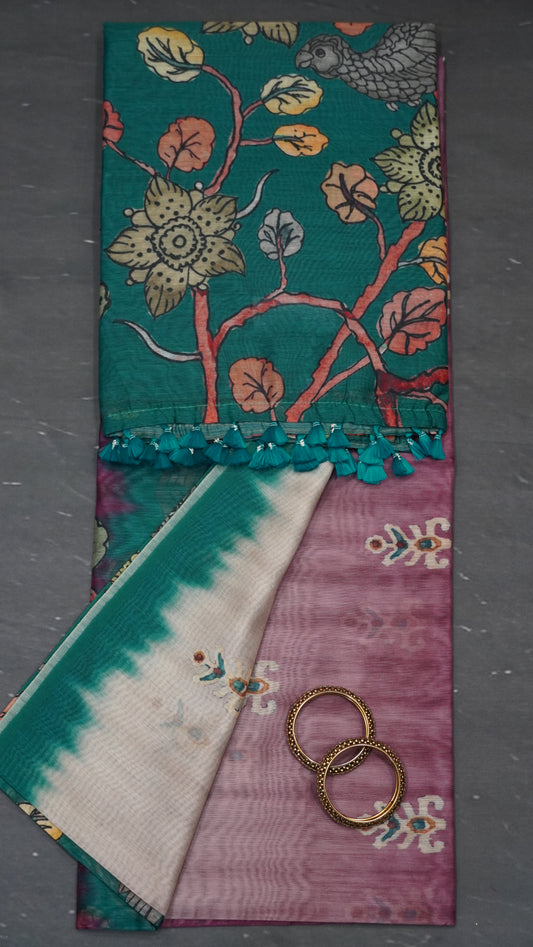 Chanderi Cotton Saree-Eagle Print-Green