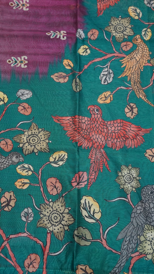 Chanderi Cotton Saree-Eagle Print-Green