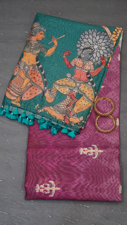 Chanderi Cotton Saree-Penn Kalamkari-Peacock Green