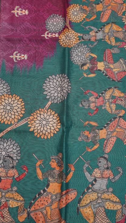 Chanderi Cotton Saree-Penn Kalamkari-Peacock Green
