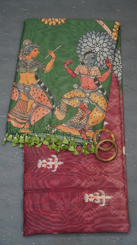 Chanderi Cotton Saree-Penn Kalamkari-Green