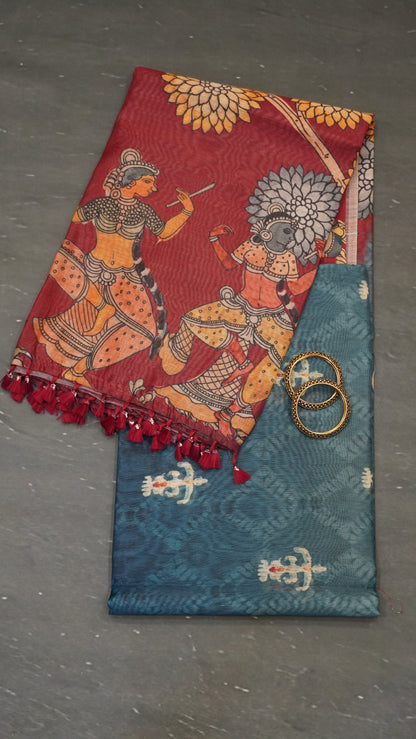 Chanderi Cotton Saree-Penn Kalamkari-Maroon