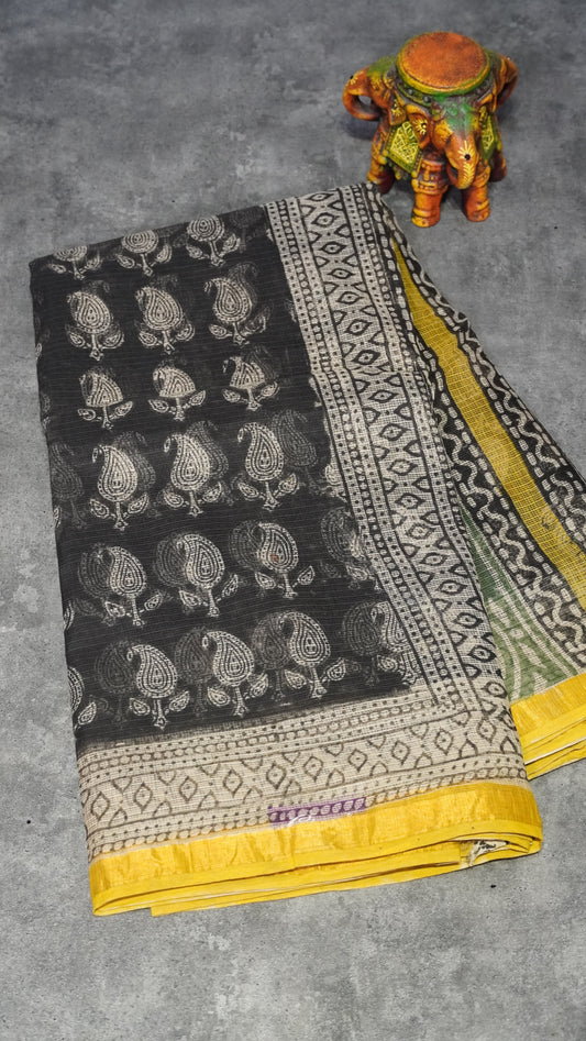 Kota Doria Cotton Saree Black Mango Prints
