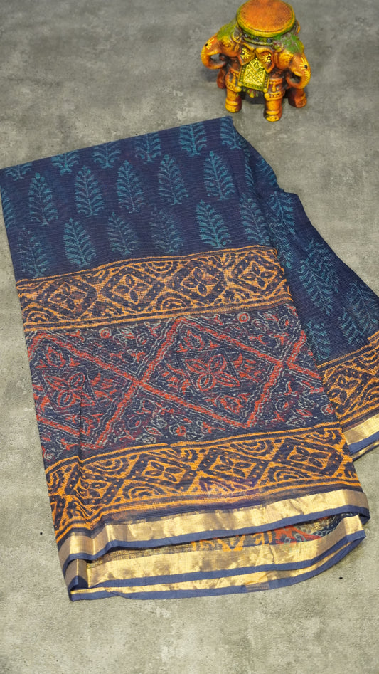 Kota Doria Cotton Saree Floral Print Blue