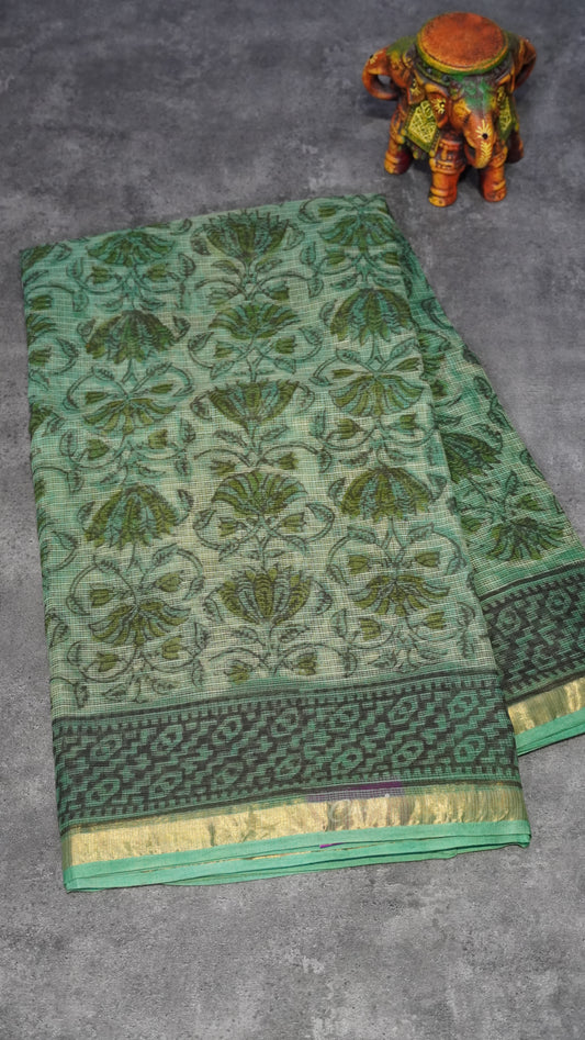 Kota Doria Cotton Saree Floral Green