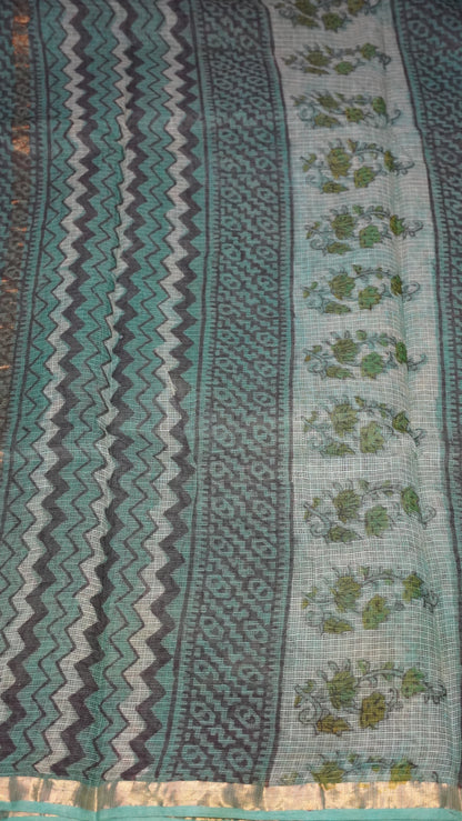 Kota Doria Cotton Saree Floral Green