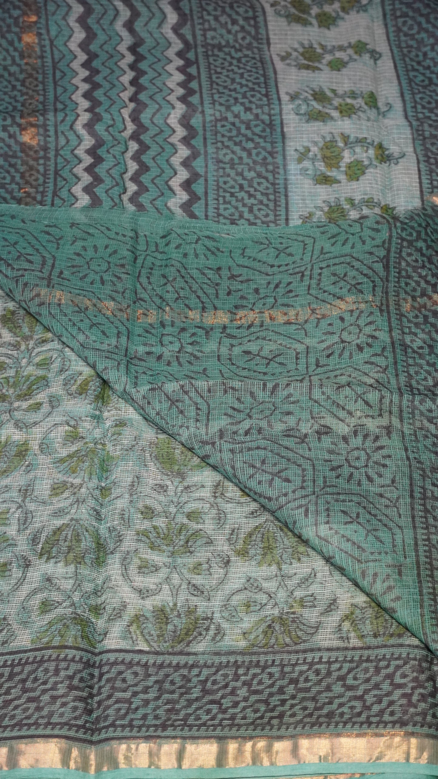 Kota Doria Cotton Saree Floral Green