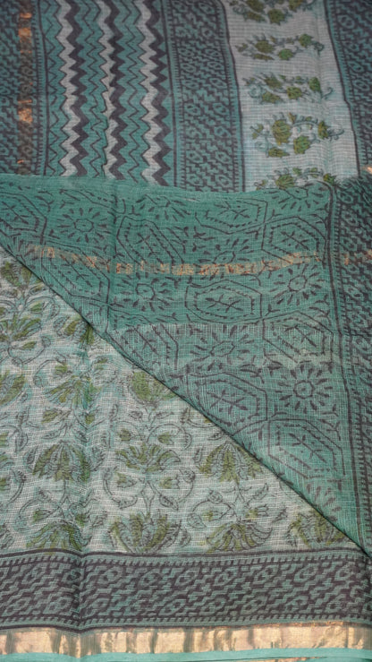Kota Doria Cotton Saree Floral Green