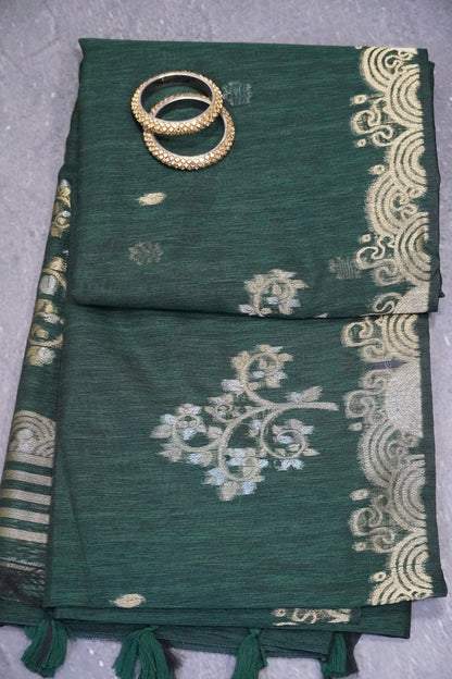 Linen Saree - Zari Border Green