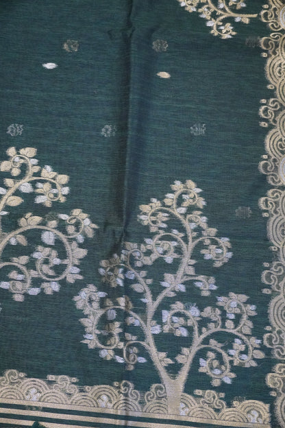 Linen Saree - Zari Border Green