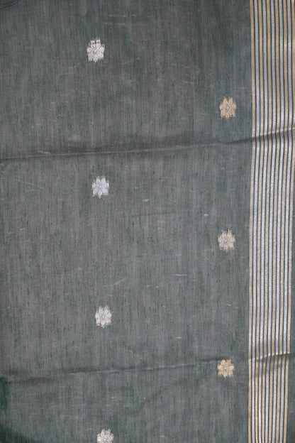 Linen Saree - Zari Border Green