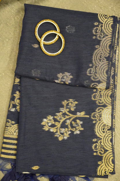 Linen Saree - Zari Border Blue