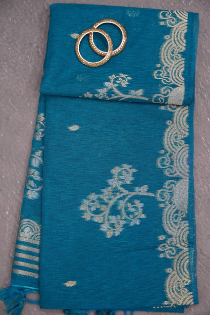 Linen Saree - Zari Border Sky Blue