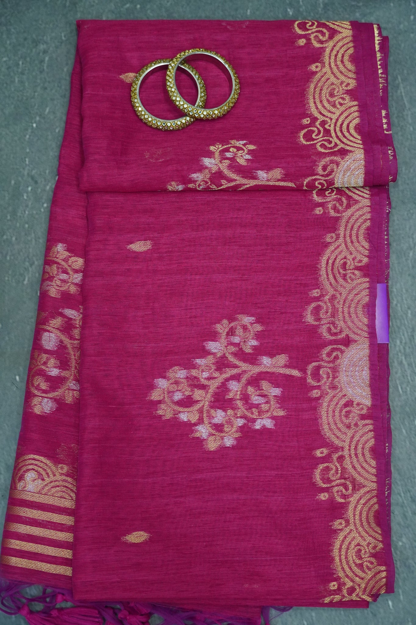Linen Saree - Zari Border Rani Pink