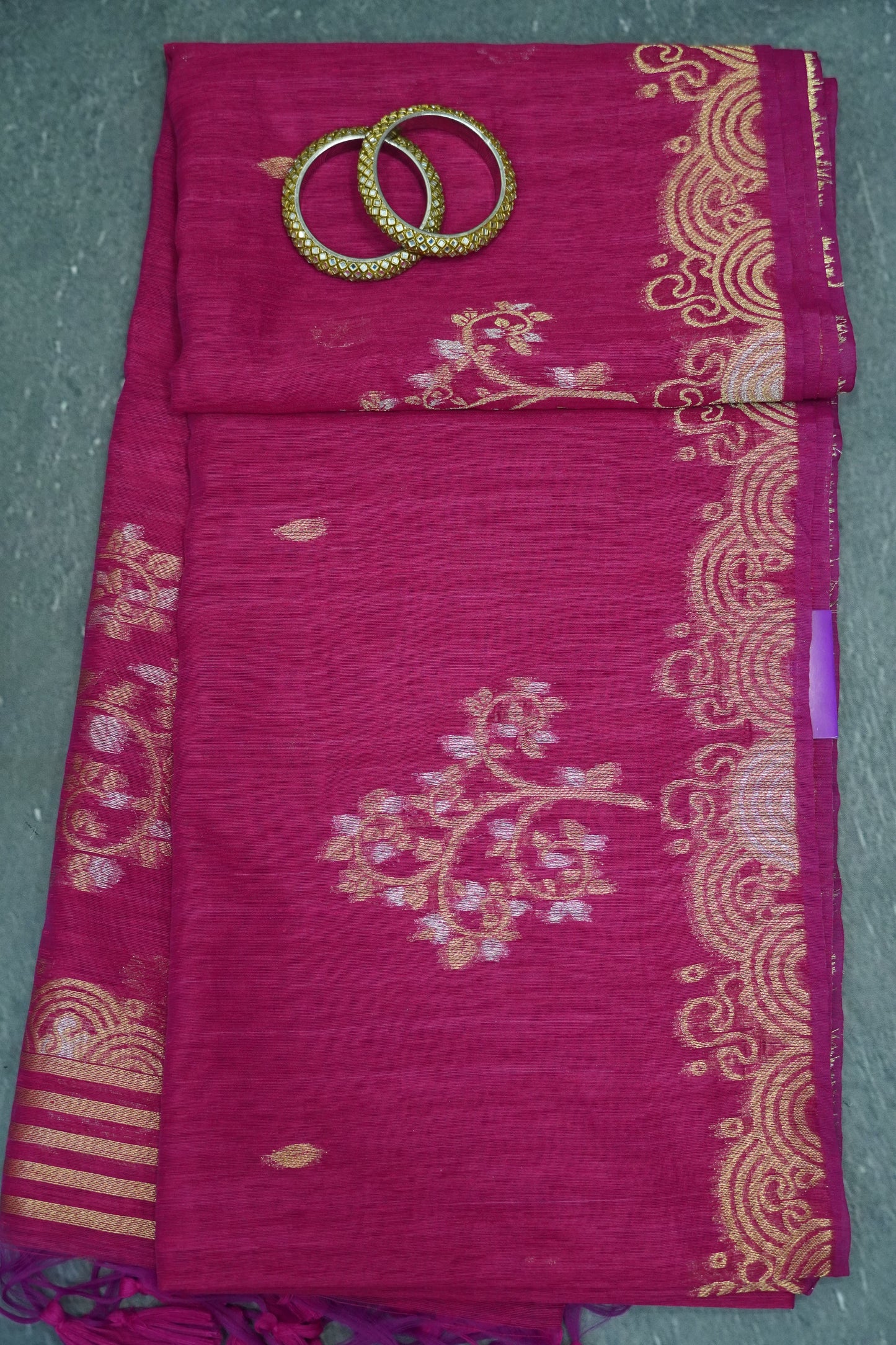 Linen Saree - Zari Border Rani Pink