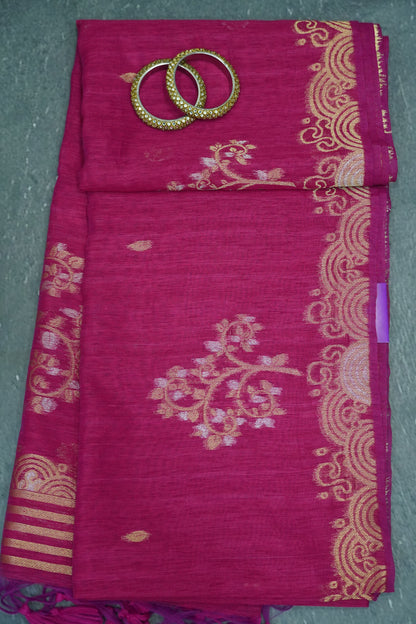 Linen Saree - Zari Border Rani Pink