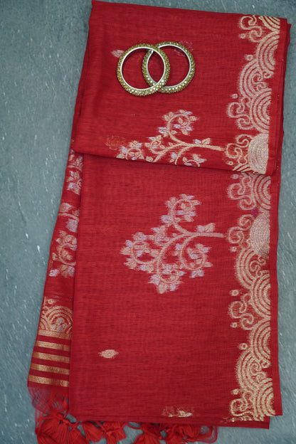 Linen Saree - Zari Border Red