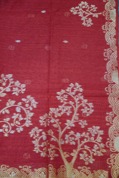 Linen Saree - Zari Border Red