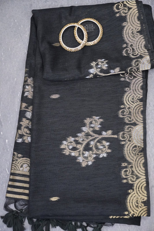 Linen Saree - Zari Border Black