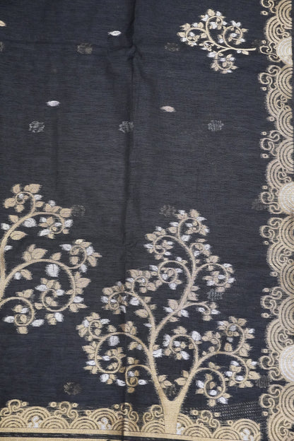 Linen Saree - Zari Border Black