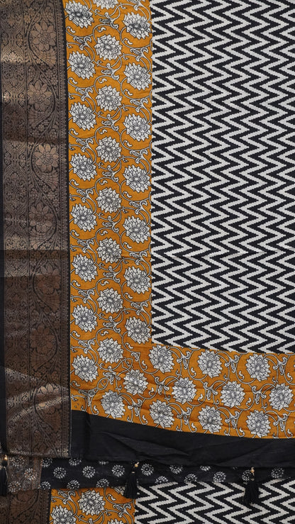 Jute Shiffon Saree Black to Mustard