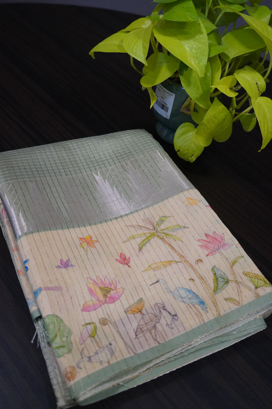 Mulberry Silk Saree- Zari Checks Metallic Green