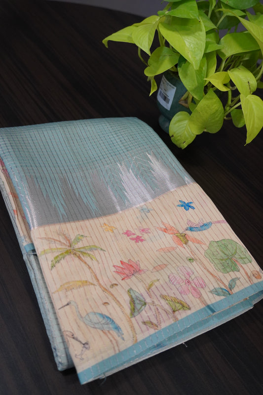 Mulberry Silk Saree- Zari Checks Metallic Blue