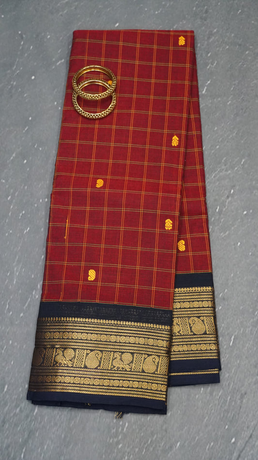 Kanchi Cotton Saree -Maroon Peacock Checked Pattern