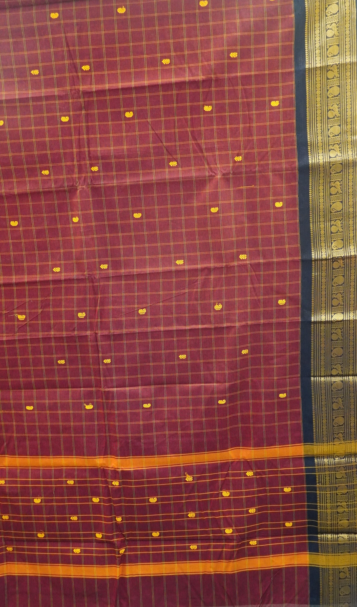Kanchi Cotton Saree -Maroon Peacock Checked Pattern
