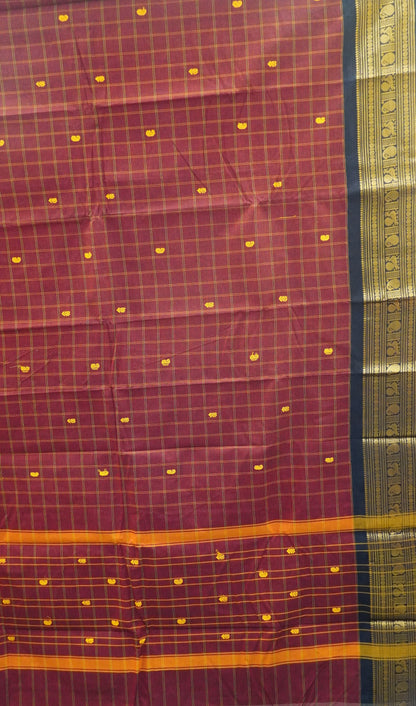 Kanchi Cotton Saree -Maroon Peacock Checked Pattern