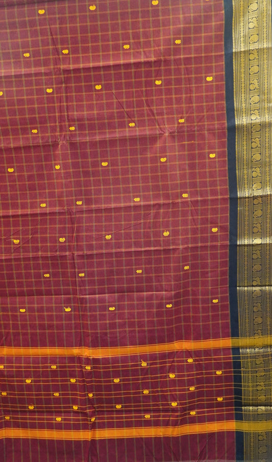 Kanchi Cotton Saree -Maroon Peacock Checked Pattern