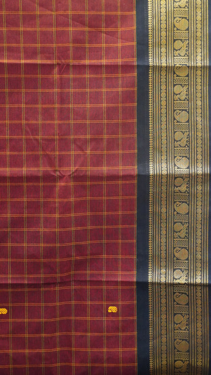 Kanchi Cotton Saree -Maroon Peacock Checked Pattern