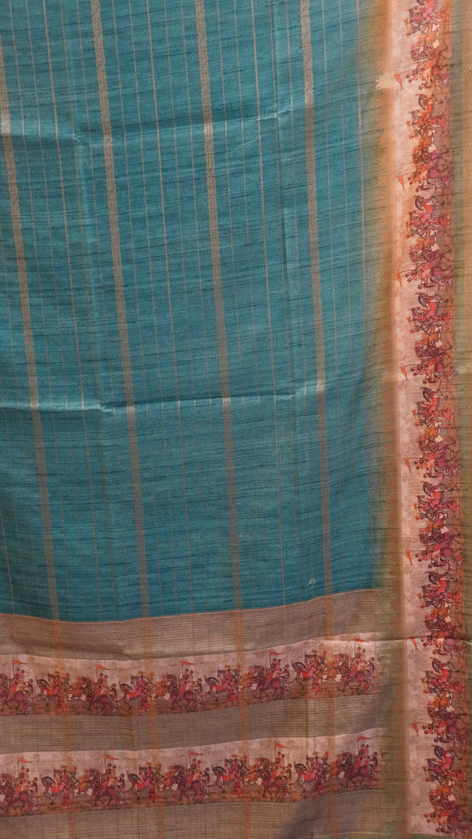 Semi Tussar Saree Floral -Sky Blue Floral Maharaja Pattern