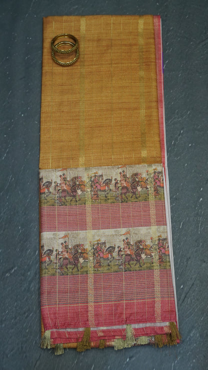 Semi Tussar Saree Floral -Mustard Floral Maharaja Pattern