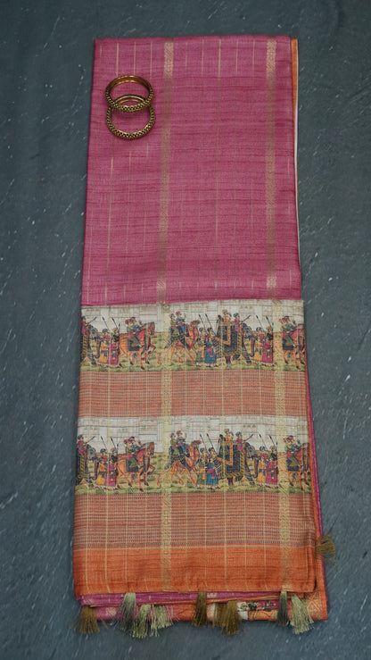 Semi Tussar Saree Floral -Pink Floral Maharaja Pattern