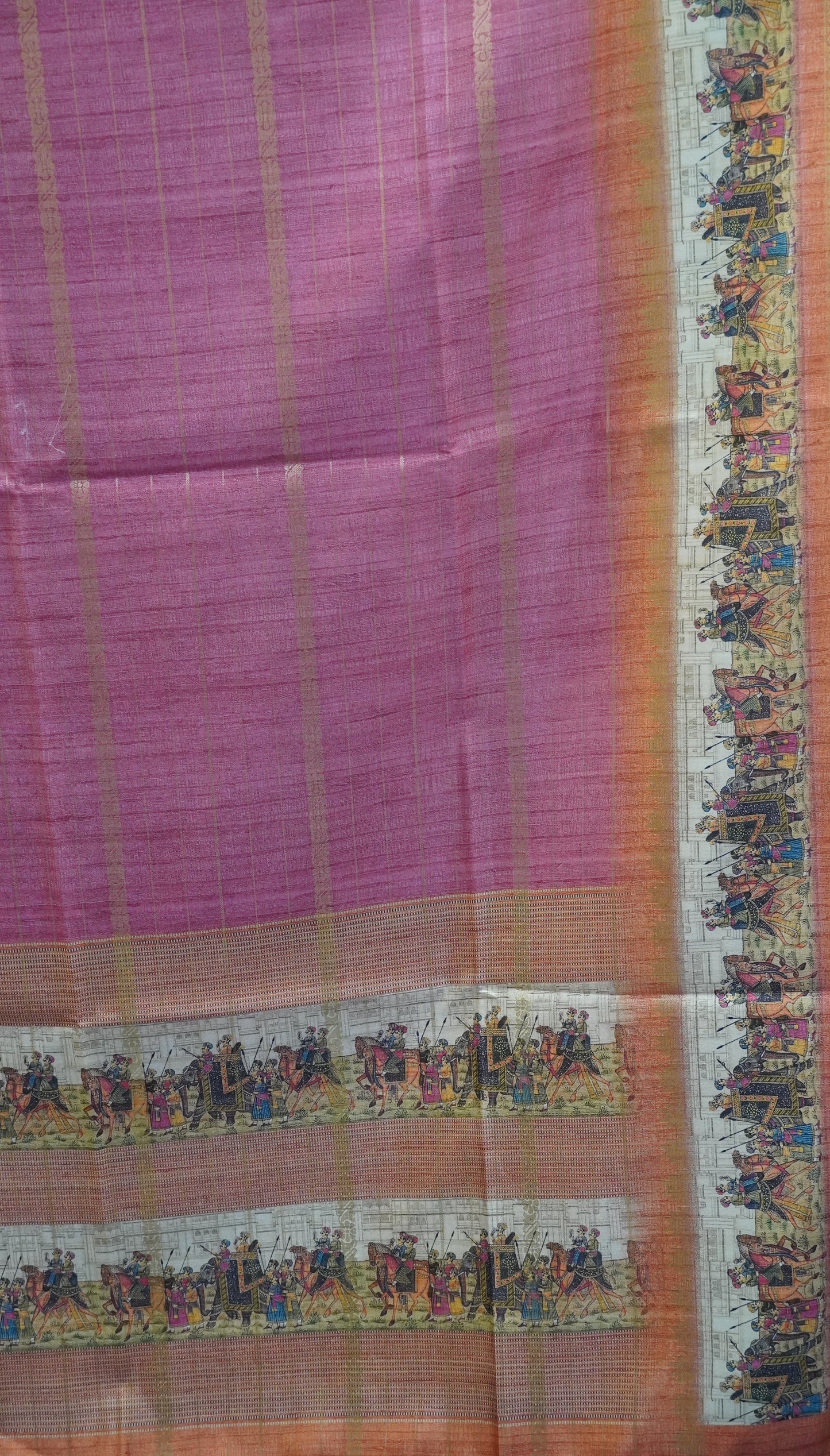 Semi Tussar Saree Floral -Pink Floral Maharaja Pattern