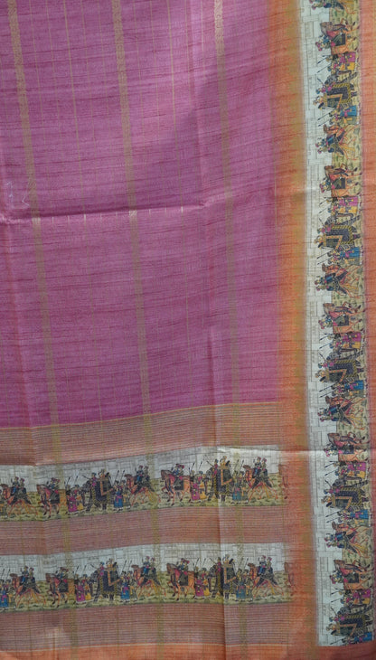 Semi Tussar Saree Floral -Pink Floral Maharaja Pattern