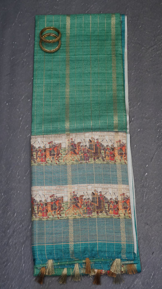 Semi Tussar Saree Floral -Green With Blue Floral Maharaja Pattern