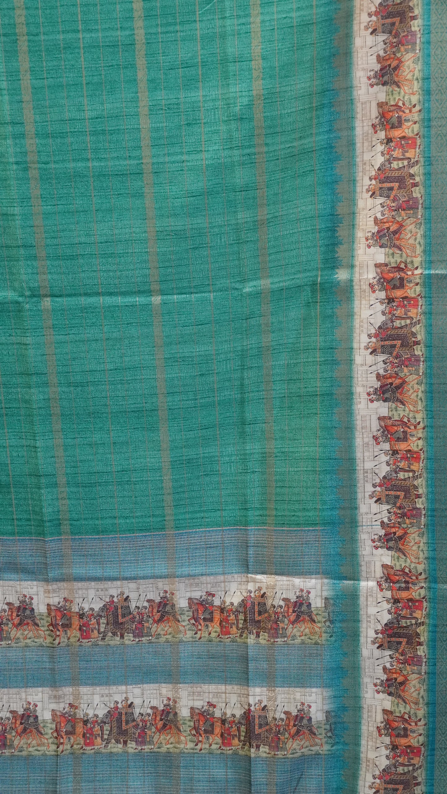 Semi Tussar Saree Floral -Green With Blue Floral Maharaja Pattern