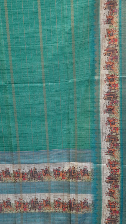 Semi Tussar Saree Floral -Green With Blue Floral Maharaja Pattern