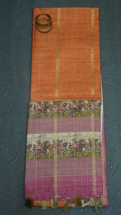 Semi Tussar Saree Floral -Orange Floral Maharaja Pattern