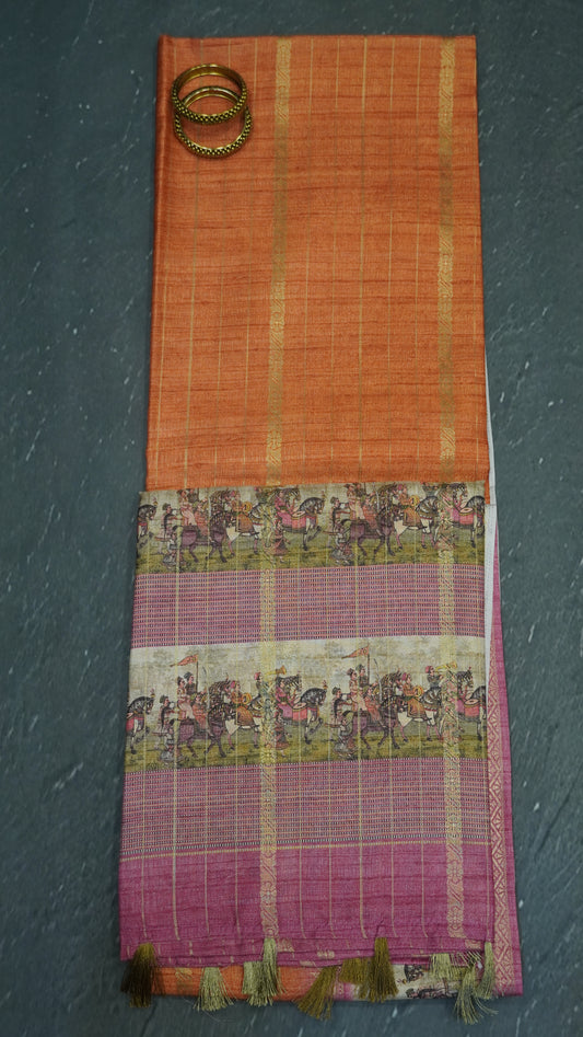 Semi Tussar Saree Floral -Orange Floral Maharaja Pattern