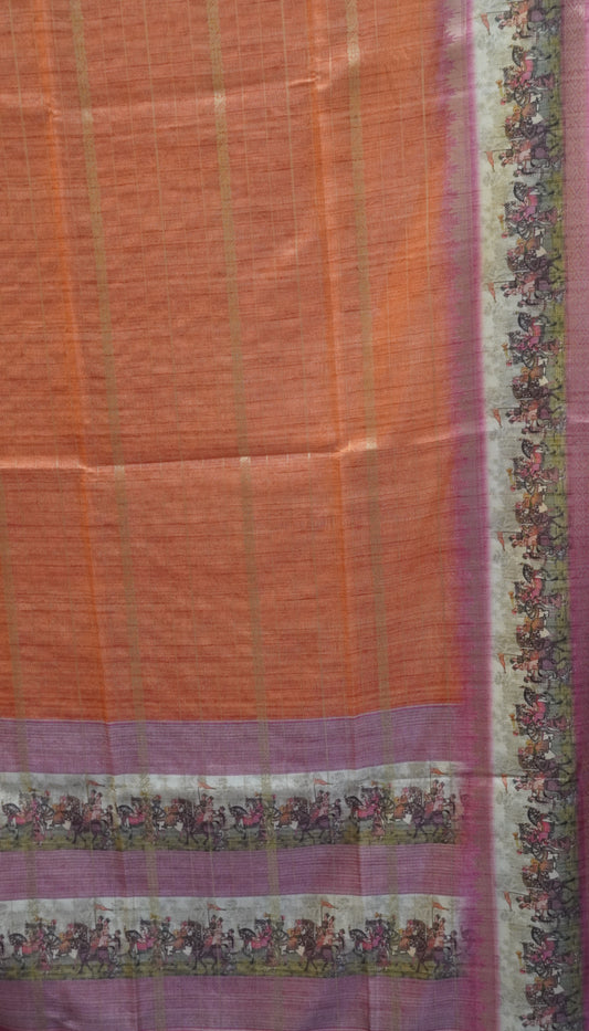 Semi Tussar Saree Floral -Orange Floral Maharaja Pattern
