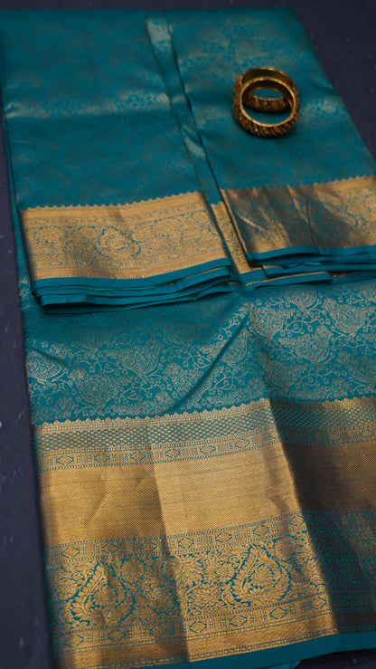 Pure Kanjivaram Silk Saree -Teal Blue Brocade Silk