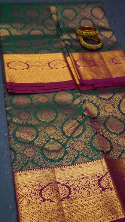 Pure Kanjivaram Silk Saree-Bottle Green Brocade Silk