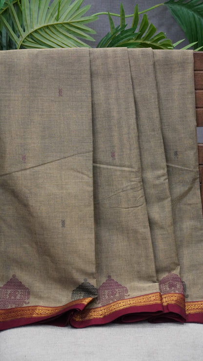Chettinad Cotton Saree–Mud Brown with Ther Border