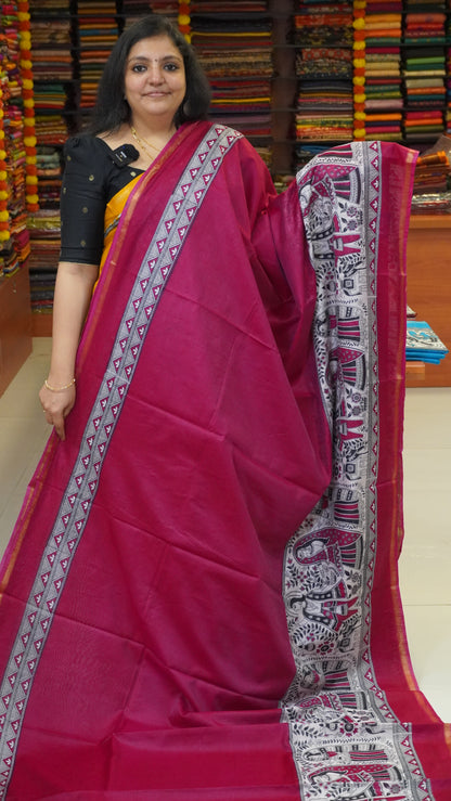 Semi Linen Lavender Saree With Madhubani Print Pink
