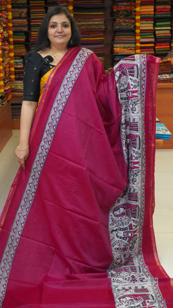 Semi Linen Lavender Saree With Madhubani Print Pink