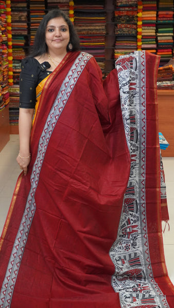 Semi Linen Lavender Saree With Madhubani Print Maroon